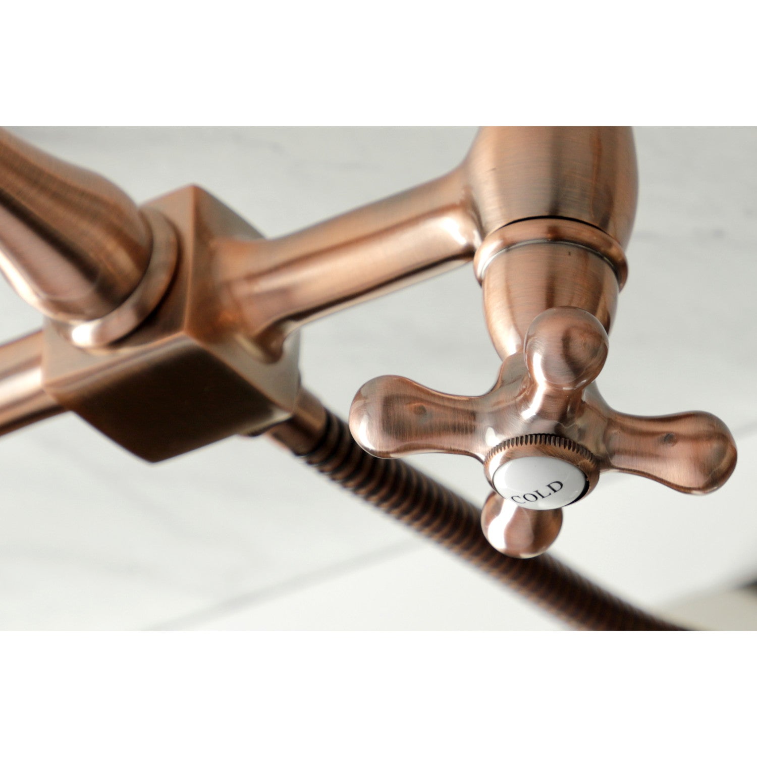 Kingston Heirloom KS124AXBSAC - Heritage Two-Handle 3-Hole Wall Mount Bridge Kitchen Faucet with Brass Sprayer, Antique Copper — thumbnail 2